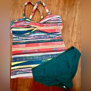 Swimwear Tankini 2PC Multi Graphic Stripe Tank Top Solid High Waist Bikini SZ L